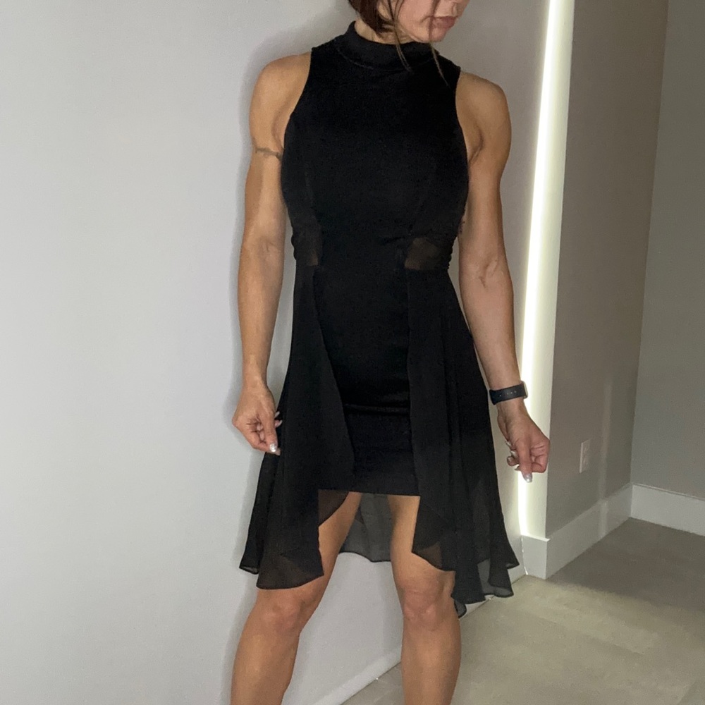 Bebe high-low black dress sheer panels, size Small